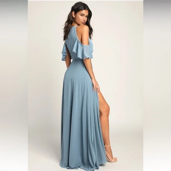 NWT Lulus Easy Listening Slate Blue Cold-Shoulder Wrap Maxi Dress - Picture 6 of 12